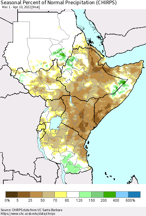 Eastern Africa Seasonal Percent of Normal Precipitation (CHIRPS) Thematic Map For 3/1/2022 - 4/10/2022