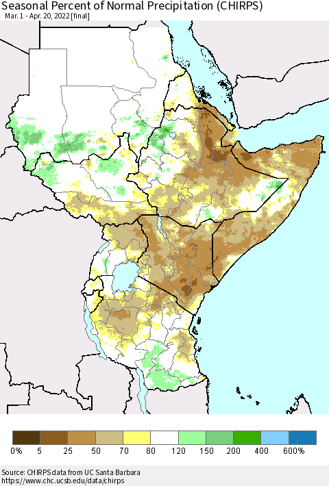 Eastern Africa Seasonal Percent of Normal Precipitation (CHIRPS) Thematic Map For 3/1/2022 - 4/20/2022