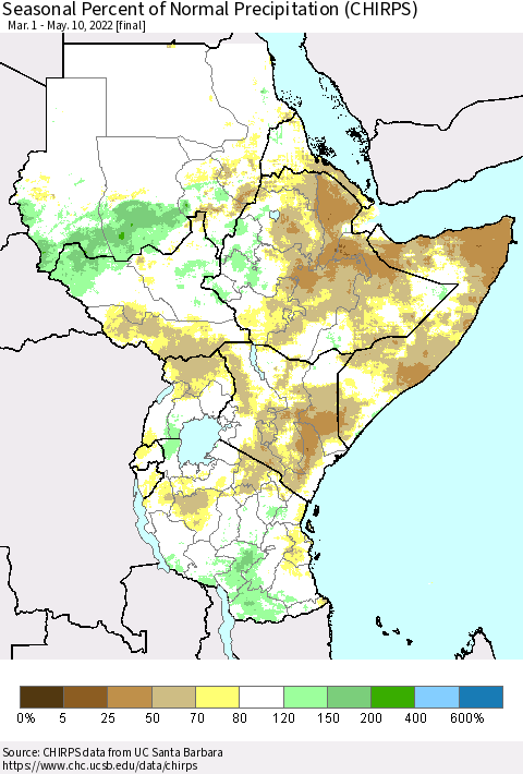 Eastern Africa Seasonal Percent of Normal Precipitation (CHIRPS) Thematic Map For 3/1/2022 - 5/10/2022