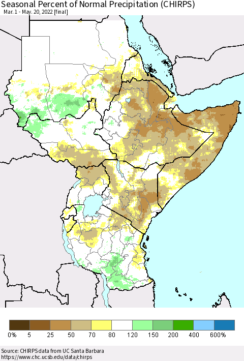 Eastern Africa Seasonal Percent of Normal Precipitation (CHIRPS) Thematic Map For 3/1/2022 - 5/20/2022