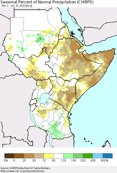 Eastern Africa Seasonal Percent of Normal Precipitation (CHIRPS) Thematic Map For 3/1/2022 - 6/10/2022