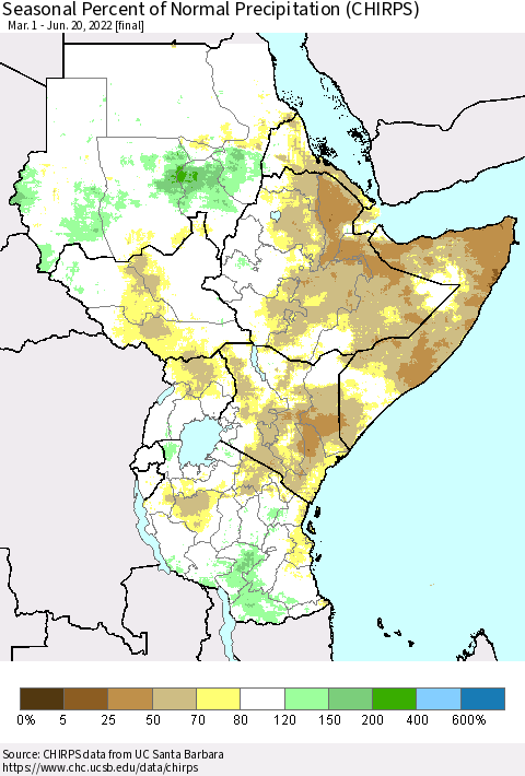 Eastern Africa Seasonal Percent of Normal Precipitation (CHIRPS) Thematic Map For 3/1/2022 - 6/20/2022