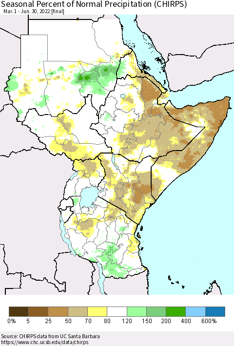 Eastern Africa Seasonal Percent of Normal Precipitation (CHIRPS) Thematic Map For 3/1/2022 - 6/30/2022