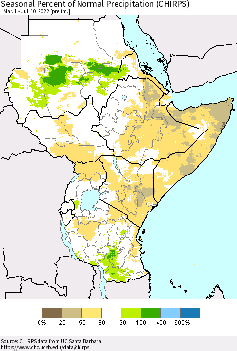 Eastern Africa Seasonal Percent of Normal Precipitation (CHIRPS) Thematic Map For 3/1/2022 - 7/10/2022