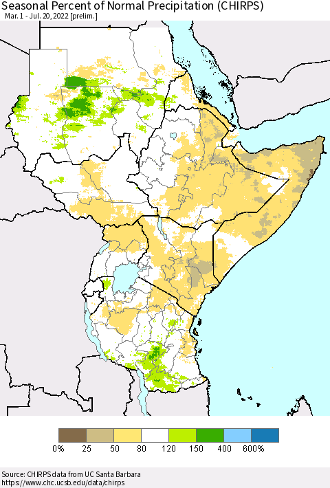 Eastern Africa Seasonal Percent of Normal Precipitation (CHIRPS) Thematic Map For 3/1/2022 - 7/20/2022
