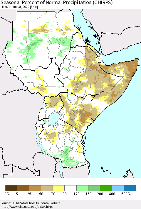 Eastern Africa Seasonal Percent of Normal Precipitation (CHIRPS) Thematic Map For 3/1/2022 - 7/31/2022