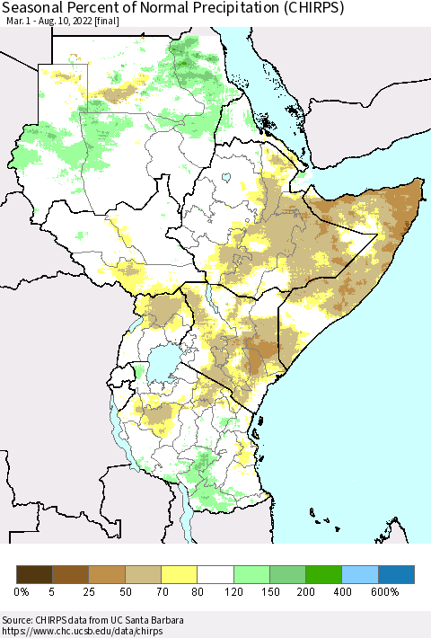 Eastern Africa Seasonal Percent of Normal Precipitation (CHIRPS) Thematic Map For 3/1/2022 - 8/10/2022