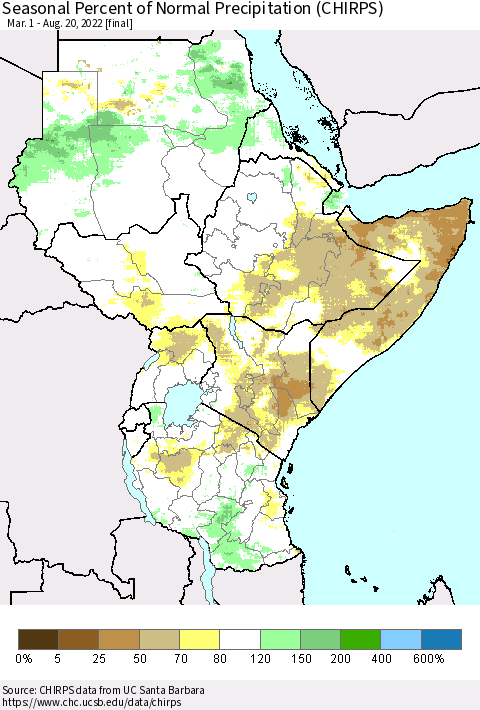 Eastern Africa Seasonal Percent of Normal Precipitation (CHIRPS) Thematic Map For 3/1/2022 - 8/20/2022