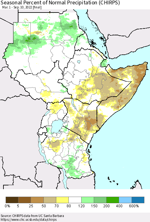 Eastern Africa Seasonal Percent of Normal Precipitation (CHIRPS) Thematic Map For 3/1/2022 - 9/10/2022