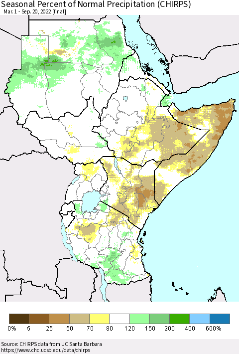 Eastern Africa Seasonal Percent of Normal Precipitation (CHIRPS) Thematic Map For 3/1/2022 - 9/20/2022