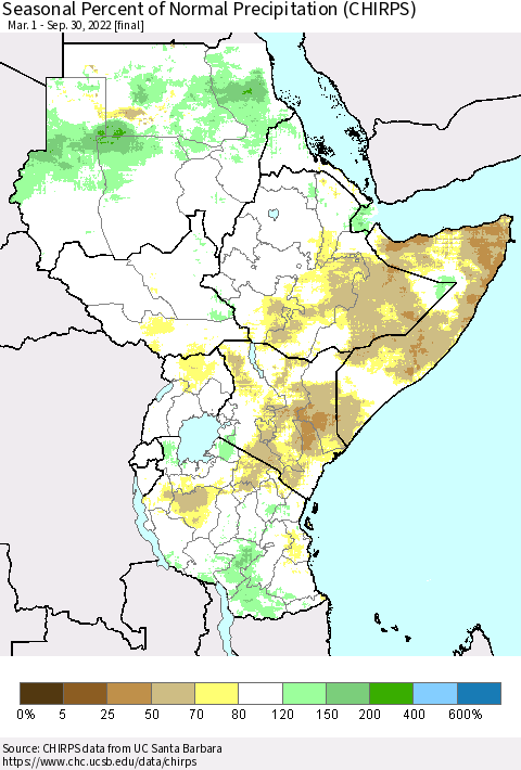 Eastern Africa Seasonal Percent of Normal Precipitation (CHIRPS) Thematic Map For 3/1/2022 - 9/30/2022