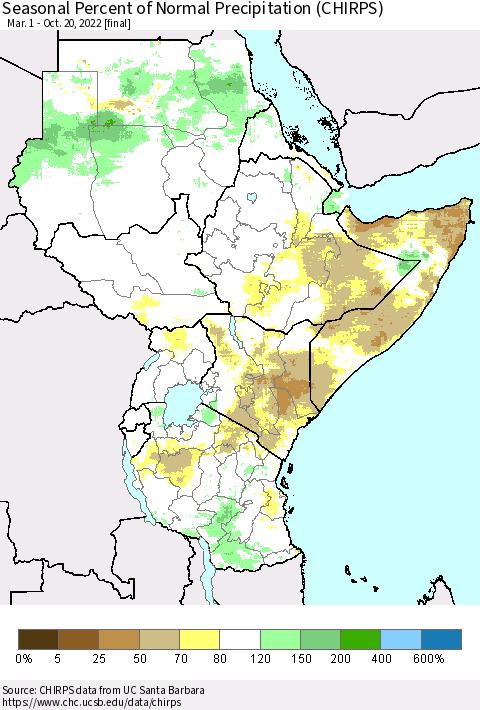Eastern Africa Seasonal Percent of Normal Precipitation (CHIRPS) Thematic Map For 3/1/2022 - 10/20/2022