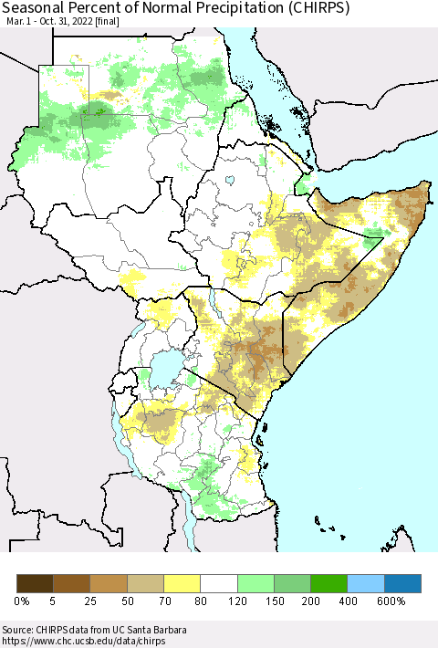 Eastern Africa Seasonal Percent of Normal Precipitation (CHIRPS) Thematic Map For 3/1/2022 - 10/31/2022