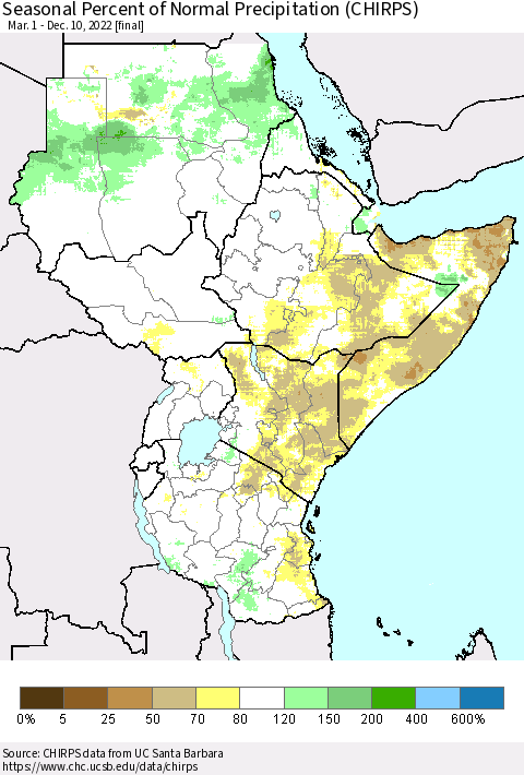 Eastern Africa Seasonal Percent of Normal Precipitation (CHIRPS) Thematic Map For 3/1/2022 - 12/10/2022