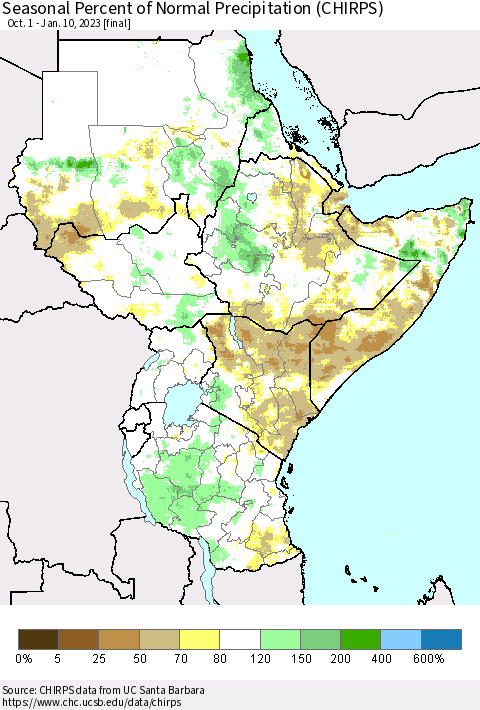 Eastern Africa Seasonal Percent of Normal Precipitation (CHIRPS) Thematic Map For 10/1/2022 - 1/10/2023