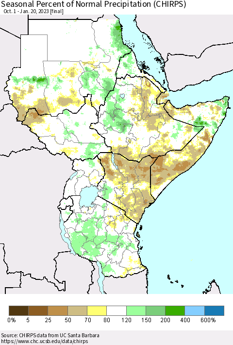 Eastern Africa Seasonal Percent of Normal Precipitation (CHIRPS) Thematic Map For 10/1/2022 - 1/20/2023