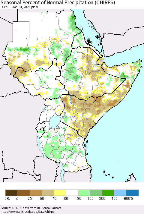 Eastern Africa Seasonal Percent of Normal Precipitation (CHIRPS) Thematic Map For 10/1/2022 - 1/31/2023