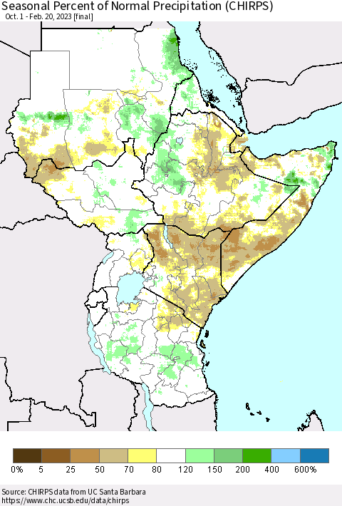 Eastern Africa Seasonal Percent of Normal Precipitation (CHIRPS) Thematic Map For 10/1/2022 - 2/20/2023