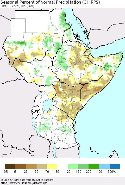 Eastern Africa Seasonal Percent of Normal Precipitation (CHIRPS) Thematic Map For 10/1/2022 - 2/28/2023