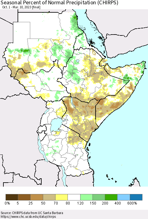 Eastern Africa Seasonal Percent of Normal Precipitation (CHIRPS) Thematic Map For 10/1/2022 - 3/10/2023