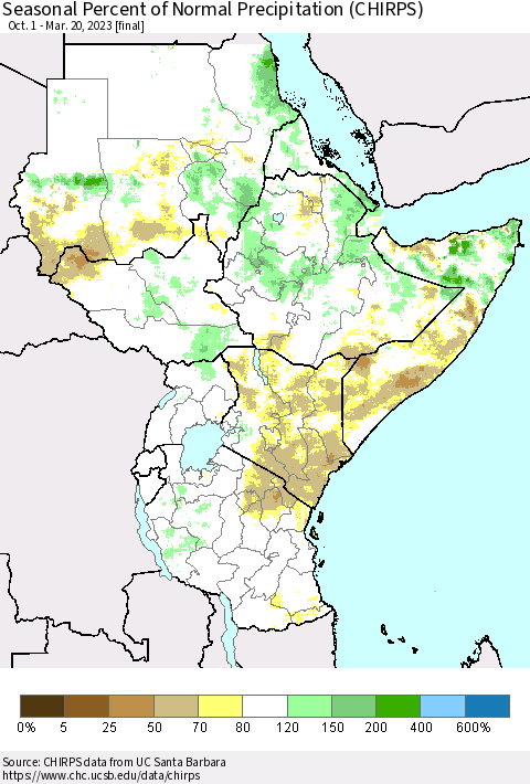 Eastern Africa Seasonal Percent of Normal Precipitation (CHIRPS) Thematic Map For 10/1/2022 - 3/20/2023