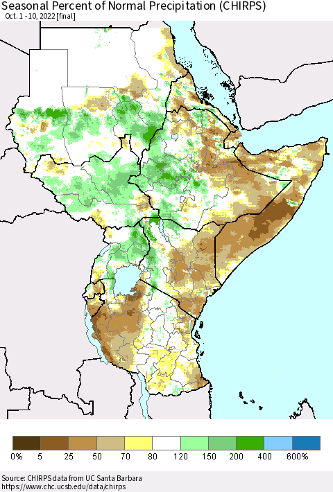 Eastern Africa Seasonal Percent of Normal Precipitation (CHIRPS) Thematic Map For 10/1/2022 - 10/10/2022