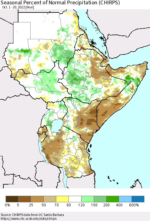 Eastern Africa Seasonal Percent of Normal Precipitation (CHIRPS) Thematic Map For 10/1/2022 - 10/20/2022