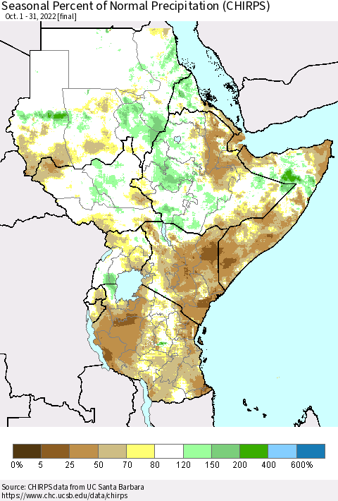 Eastern Africa Seasonal Percent of Normal Precipitation (CHIRPS) Thematic Map For 10/1/2022 - 10/31/2022
