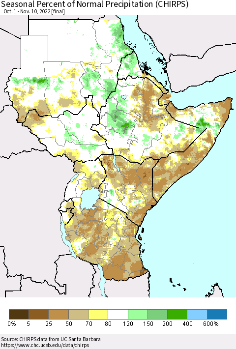 Eastern Africa Seasonal Percent of Normal Precipitation (CHIRPS) Thematic Map For 10/1/2022 - 11/10/2022
