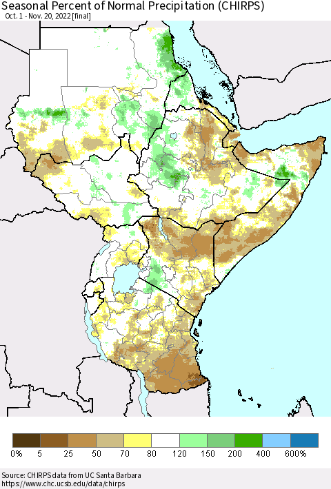 Eastern Africa Seasonal Percent of Normal Precipitation (CHIRPS) Thematic Map For 10/1/2022 - 11/20/2022
