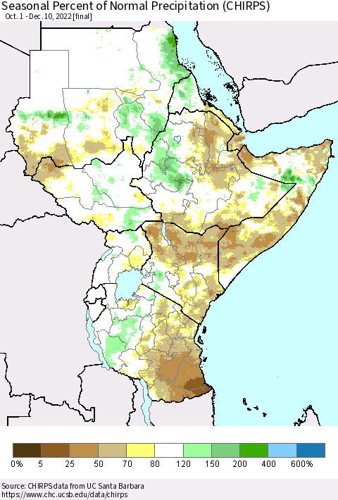 Eastern Africa Seasonal Percent of Normal Precipitation (CHIRPS) Thematic Map For 10/1/2022 - 12/10/2022