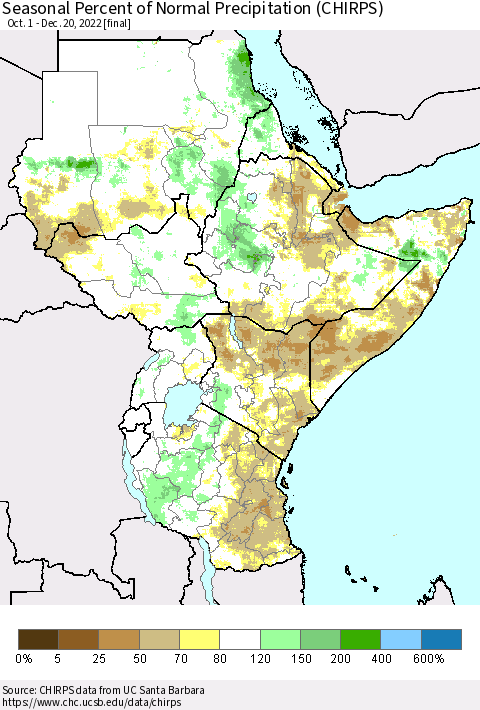 Eastern Africa Seasonal Percent of Normal Precipitation (CHIRPS) Thematic Map For 10/1/2022 - 12/20/2022