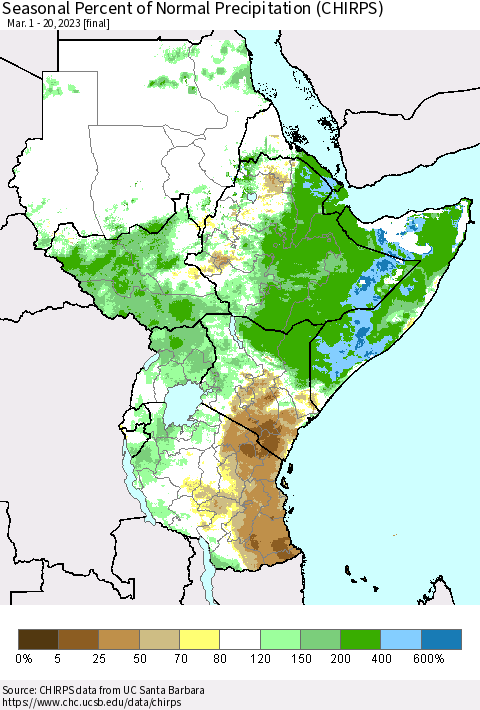 Eastern Africa Seasonal Percent of Normal Precipitation (CHIRPS) Thematic Map For 3/1/2023 - 3/20/2023
