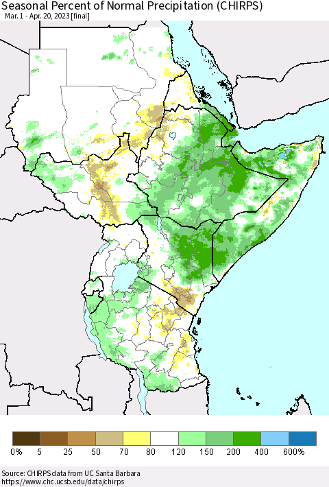 Eastern Africa Seasonal Percent of Normal Precipitation (CHIRPS) Thematic Map For 3/1/2023 - 4/20/2023