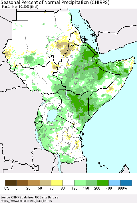 Eastern Africa Seasonal Percent of Normal Precipitation (CHIRPS) Thematic Map For 3/1/2023 - 5/10/2023