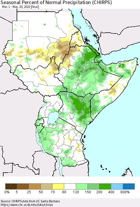 Eastern Africa Seasonal Percent of Normal Precipitation (CHIRPS) Thematic Map For 3/1/2023 - 5/20/2023