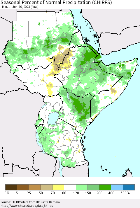 Eastern Africa Seasonal Percent of Normal Precipitation (CHIRPS) Thematic Map For 3/1/2023 - 6/10/2023