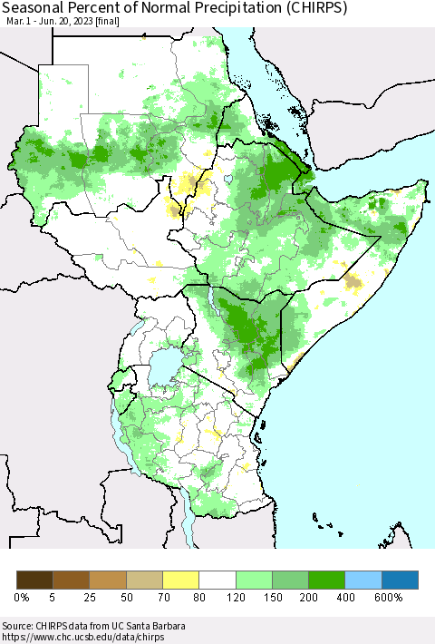 Eastern Africa Seasonal Percent of Normal Precipitation (CHIRPS) Thematic Map For 3/1/2023 - 6/20/2023
