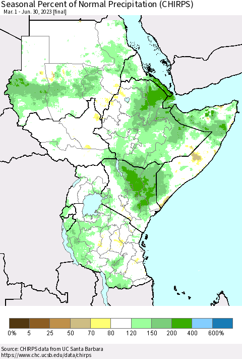 Eastern Africa Seasonal Percent of Normal Precipitation (CHIRPS) Thematic Map For 3/1/2023 - 6/30/2023