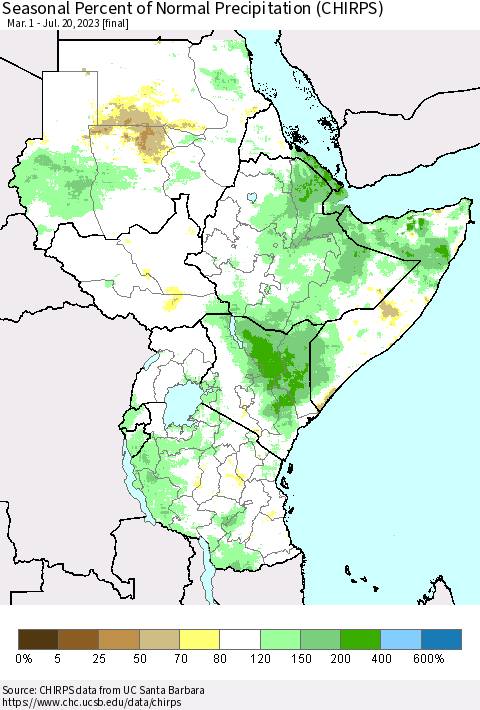 Eastern Africa Seasonal Percent of Normal Precipitation (CHIRPS) Thematic Map For 3/1/2023 - 7/20/2023