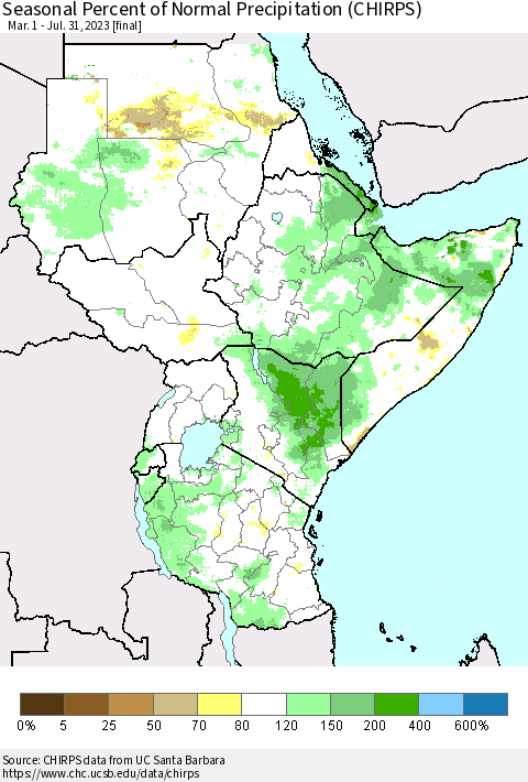 Eastern Africa Seasonal Percent of Normal Precipitation (CHIRPS) Thematic Map For 3/1/2023 - 7/31/2023