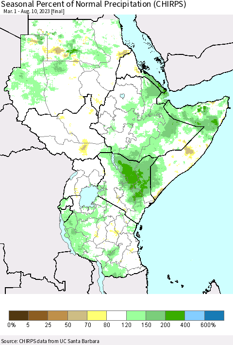 Eastern Africa Seasonal Percent of Normal Precipitation (CHIRPS) Thematic Map For 3/1/2023 - 8/10/2023