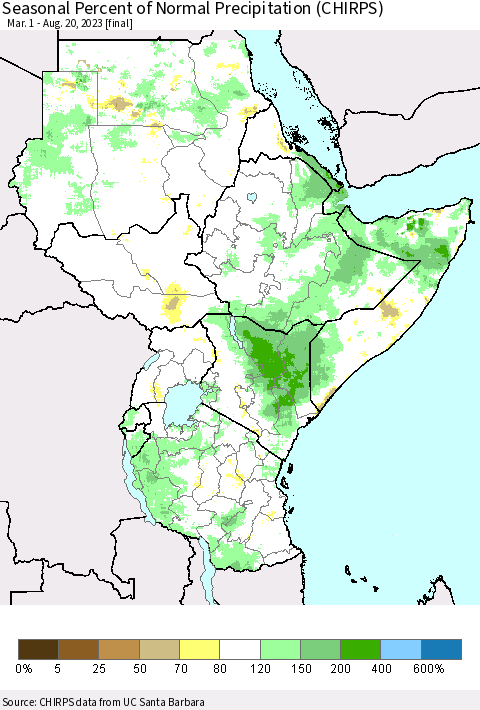 Eastern Africa Seasonal Percent of Normal Precipitation (CHIRPS) Thematic Map For 3/1/2023 - 8/20/2023