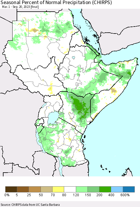 Eastern Africa Seasonal Percent of Normal Precipitation (CHIRPS) Thematic Map For 3/1/2023 - 9/20/2023