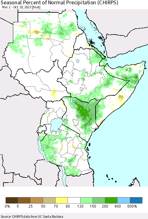 Eastern Africa Seasonal Percent of Normal Precipitation (CHIRPS) Thematic Map For 3/1/2023 - 10/10/2023
