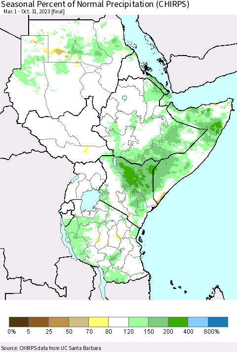 Eastern Africa Seasonal Percent of Normal Precipitation (CHIRPS) Thematic Map For 3/1/2023 - 10/31/2023