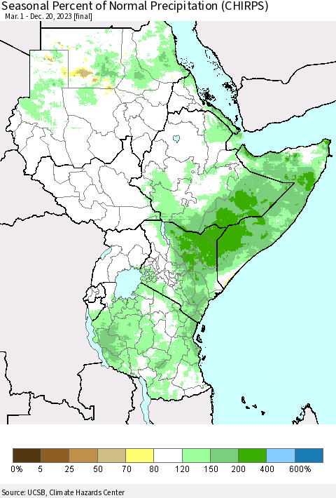 Eastern Africa Seasonal Percent of Normal Precipitation (CHIRPS) Thematic Map For 3/1/2023 - 12/20/2023