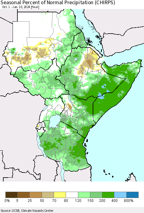 Eastern Africa Seasonal Percent of Normal Precipitation (CHIRPS) Thematic Map For 10/1/2023 - 1/10/2024