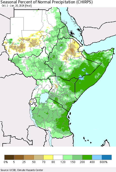 Eastern Africa Seasonal Percent of Normal Precipitation (CHIRPS) Thematic Map For 10/1/2023 - 1/20/2024
