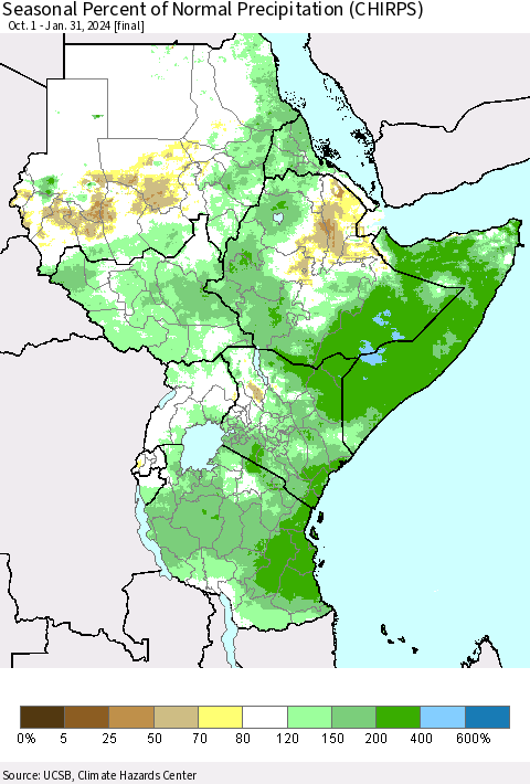 Eastern Africa Seasonal Percent of Normal Precipitation (CHIRPS) Thematic Map For 10/1/2023 - 1/31/2024
